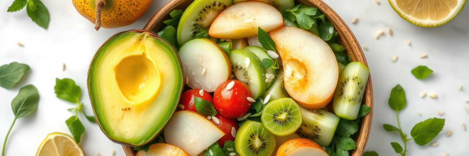 Colorful fruit and vegetable salad with avocado, kiwi, and lettuce in a wooden bowl